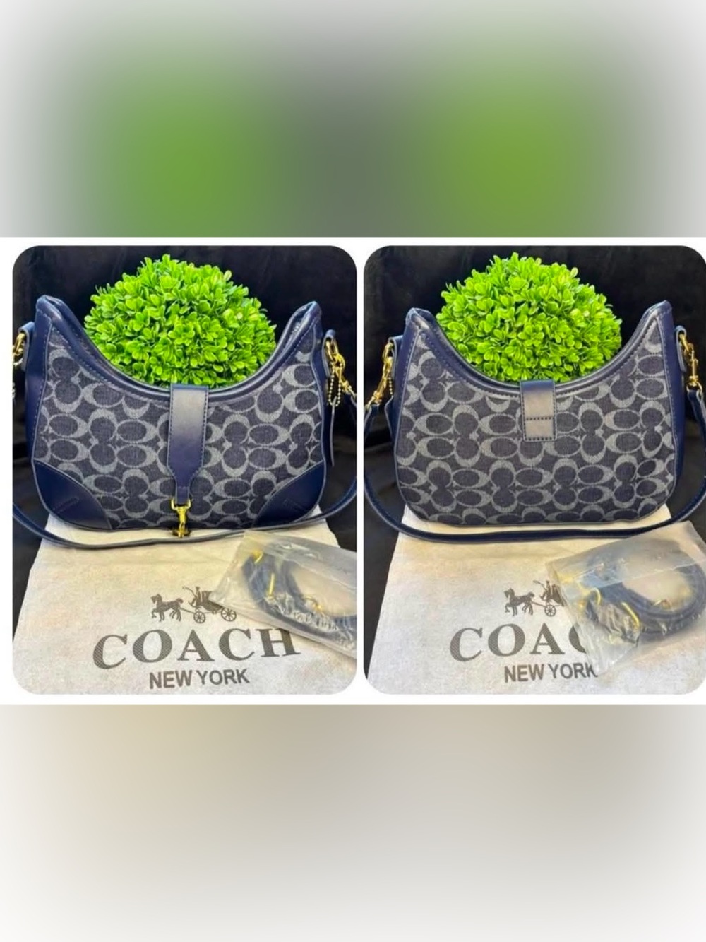 Coach Navy Signature Jacquard Shoulder Bag with Gold Hardware